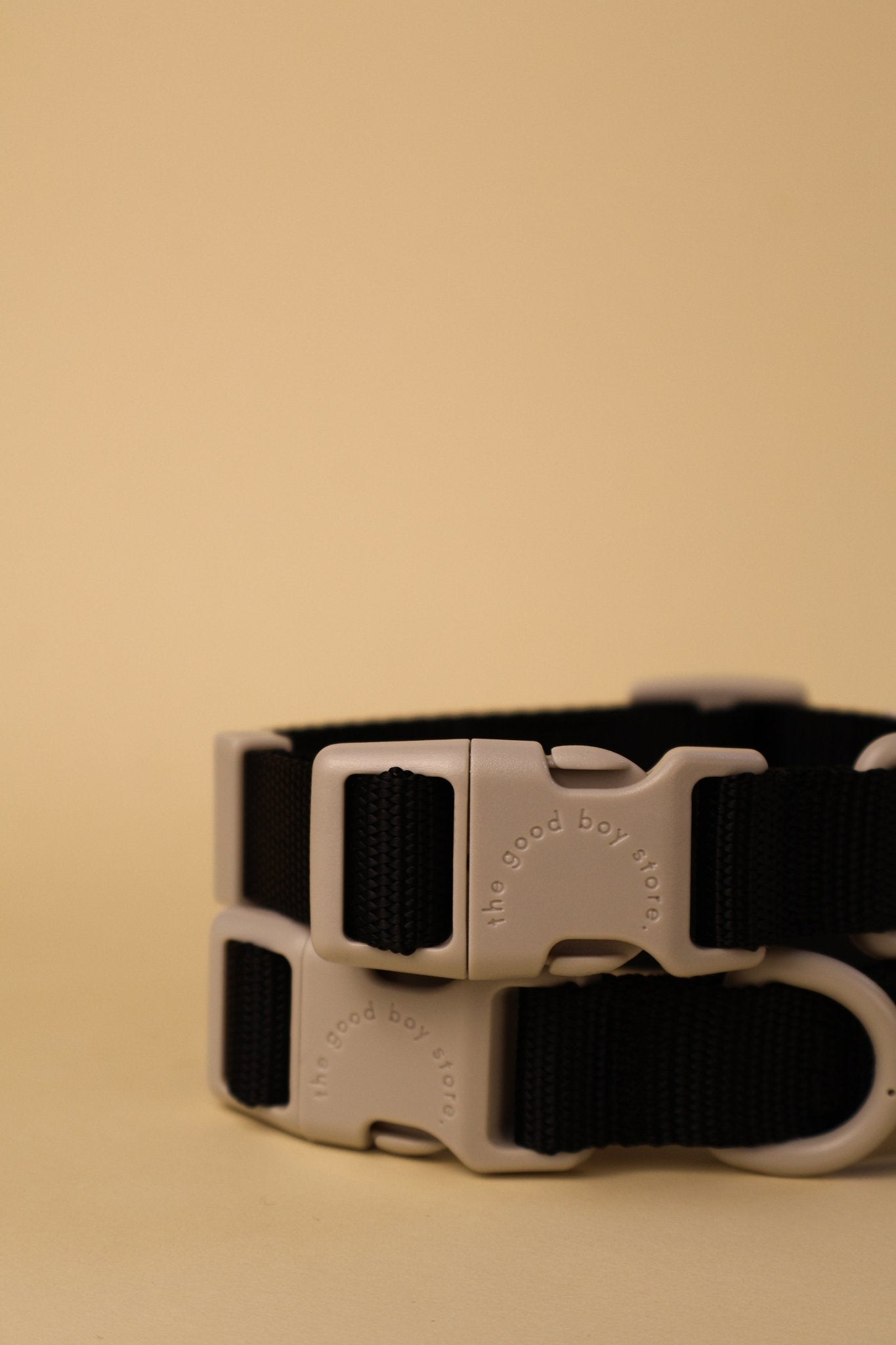 "Liquorice" Dog Collar - The Good Boy Store. Black Dog Collar with Grey Detailing. Sturdy, adjustable and Quick Release.