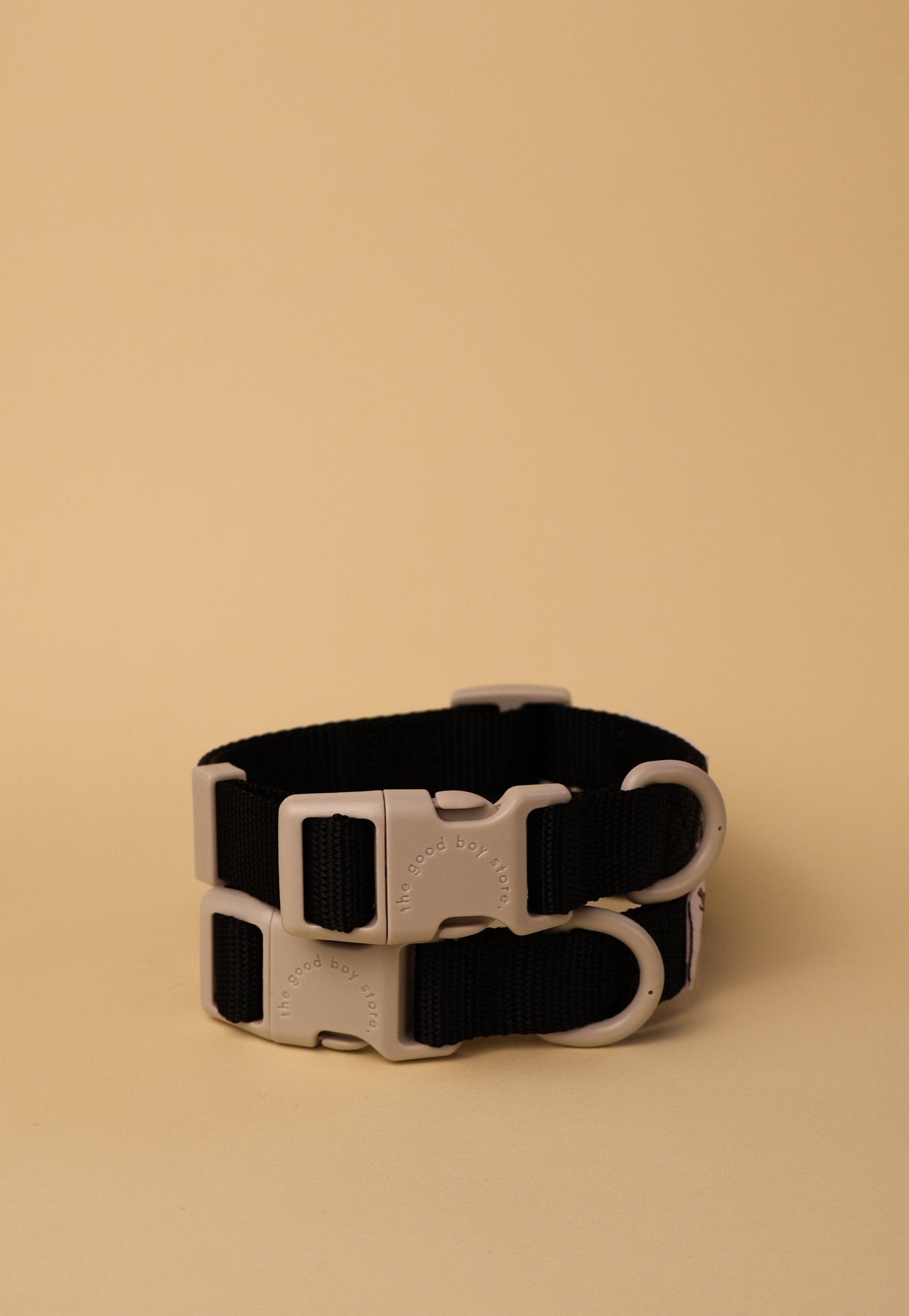 "Liquorice" Dog Collar - The Good Boy Store. Black Dog Collar with Grey Detailing. Sturdy, adjustable and Quick Release.