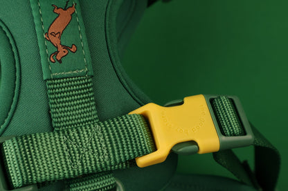 "Moss" Dog Harness - The Good Boy Store. Deep Mossy Green Dog Harness with Yellow Detailing. Adjustable and Quick Release.