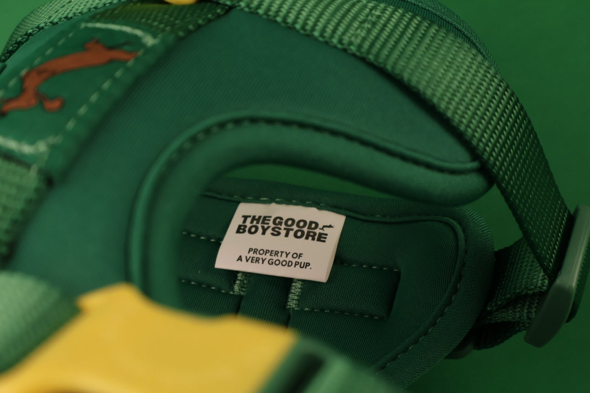 "Moss" Dog Harness - The Good Boy Store. Deep Mossy Green Dog Harness with Yellow Detailing. Adjustable and Quick Release.